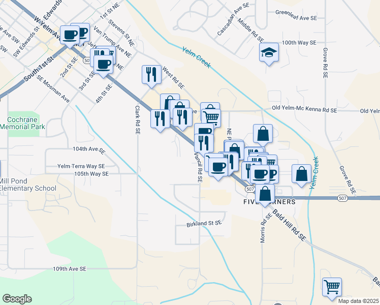 map of restaurants, bars, coffee shops, grocery stores, and more near 909 East Yelm Avenue in Yelm