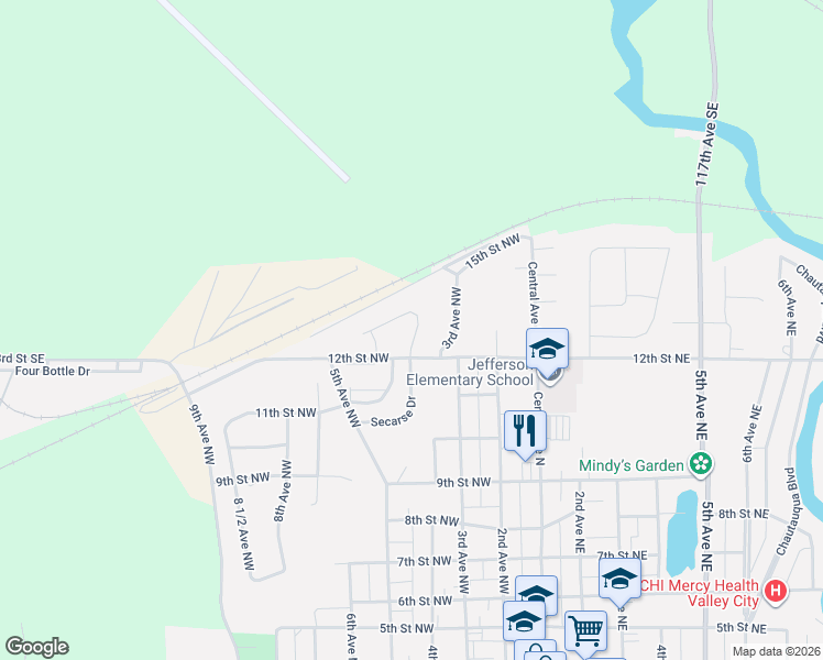 map of restaurants, bars, coffee shops, grocery stores, and more near 440 13th St NW in Valley City