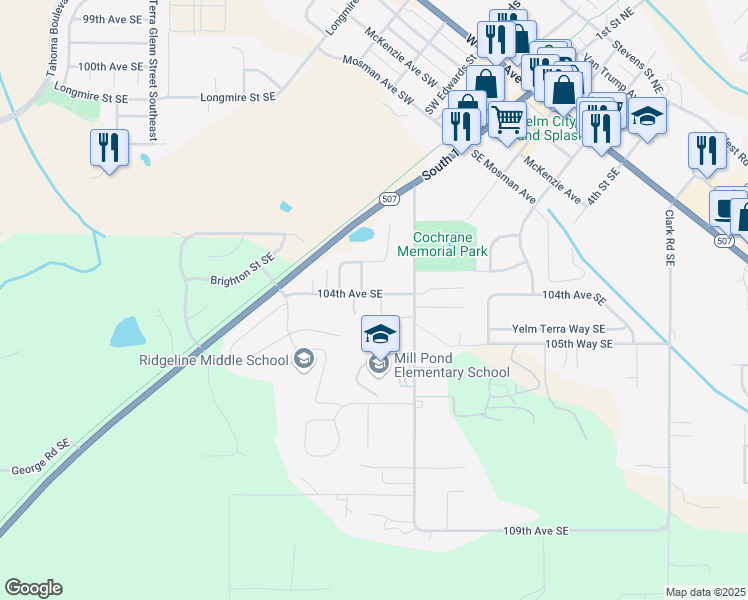 map of restaurants, bars, coffee shops, grocery stores, and more near 15425 104th Avenue Southeast in Yelm