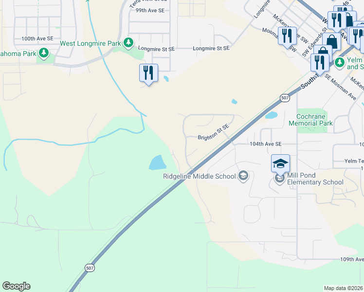 map of restaurants, bars, coffee shops, grocery stores, and more near 15037 105th Avenue Southeast in Yelm