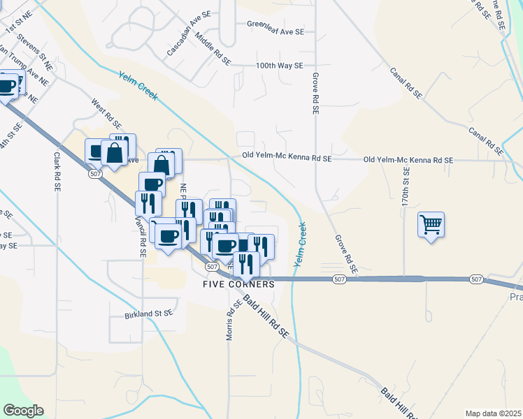map of restaurants, bars, coffee shops, grocery stores, and more near 10430 Creek St SE in Yelm