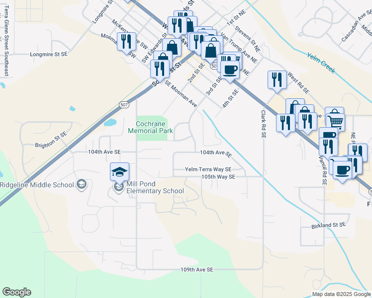 map of restaurants, bars, coffee shops, grocery stores, and more near 15732 104th Avenue Southeast in Yelm