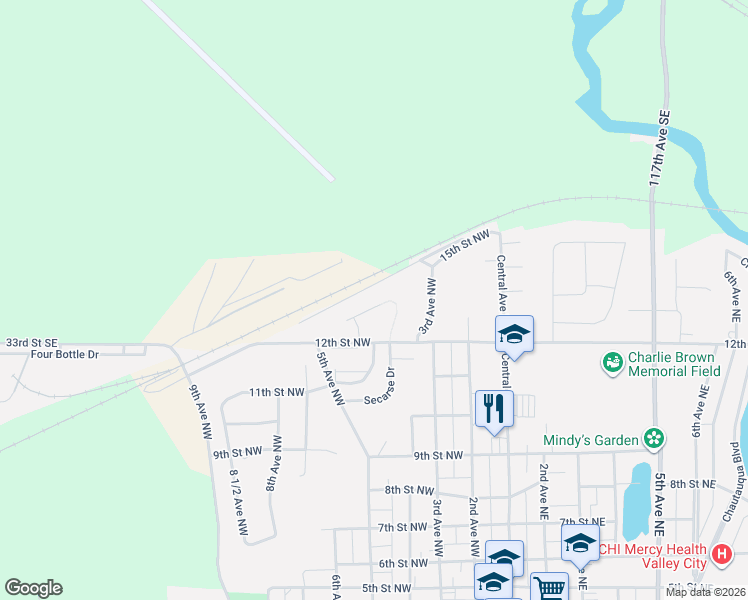 map of restaurants, bars, coffee shops, grocery stores, and more near 440 13th St NW in Valley City