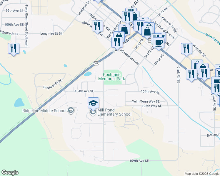 map of restaurants, bars, coffee shops, grocery stores, and more near 15603 Parkview Drive Southeast in Yelm