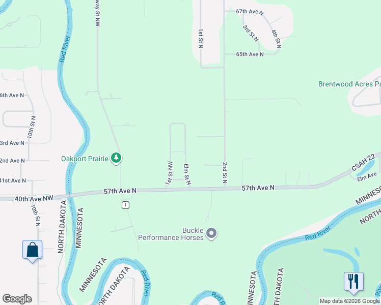 map of restaurants, bars, coffee shops, grocery stores, and more near 5900 Elm Street North in Moorhead