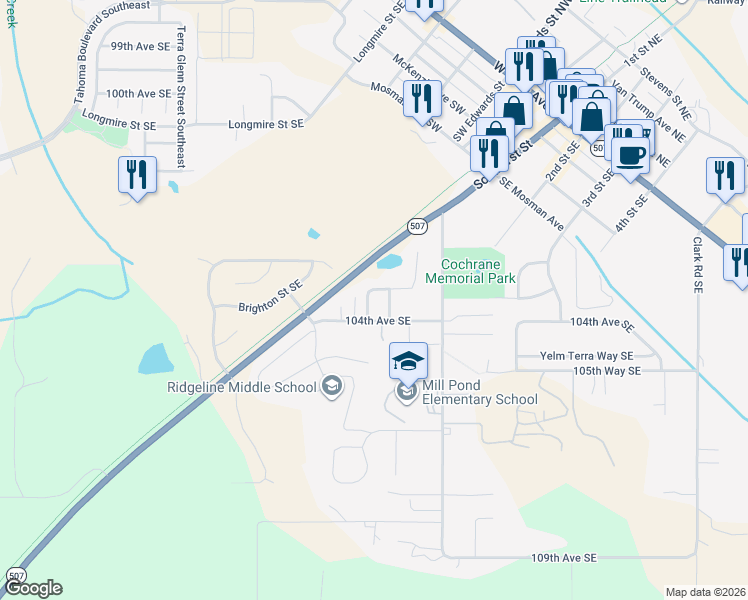 map of restaurants, bars, coffee shops, grocery stores, and more near 15320 104th Avenue Southeast in Yelm