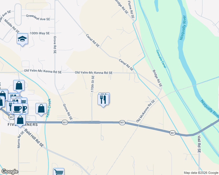 map of restaurants, bars, coffee shops, grocery stores, and more near 17117 170th Street Southeast in Yelm