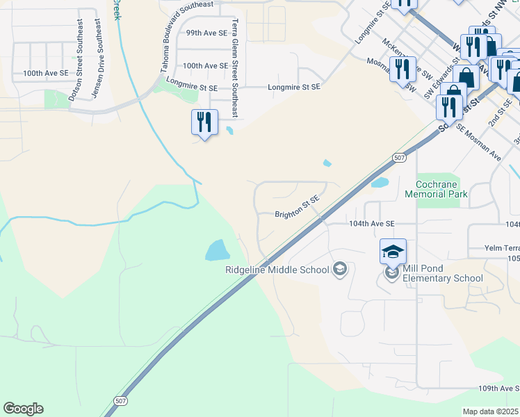 map of restaurants, bars, coffee shops, grocery stores, and more near 15030 105th Avenue Southeast in Yelm