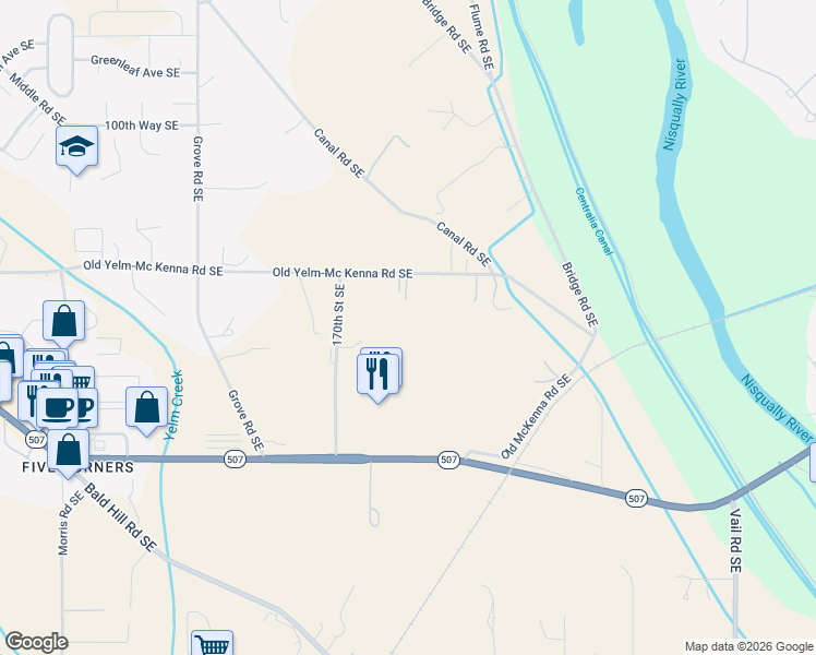 map of restaurants, bars, coffee shops, grocery stores, and more near 17117 170th Street Southeast in Yelm
