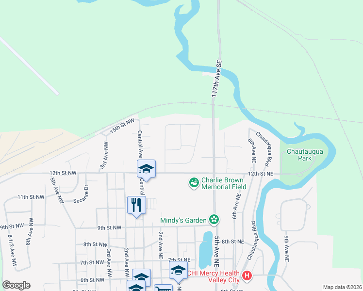 map of restaurants, bars, coffee shops, grocery stores, and more near 300 14th Street Northeast in Valley City