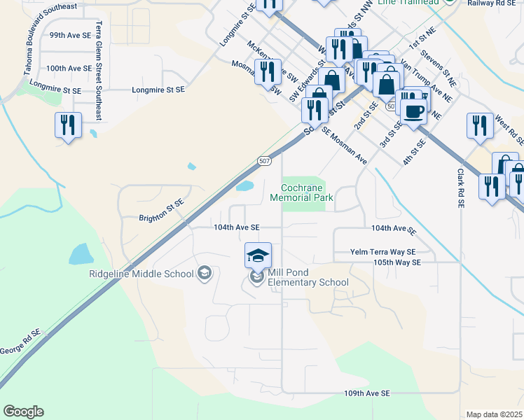map of restaurants, bars, coffee shops, grocery stores, and more near 15425 104th Avenue Southeast in Yelm