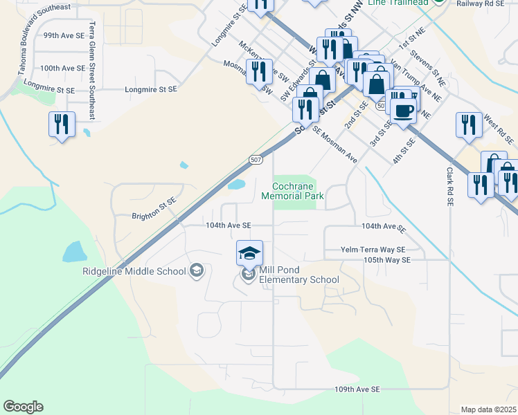 map of restaurants, bars, coffee shops, grocery stores, and more near 15437 104th Way Southeast in Yelm
