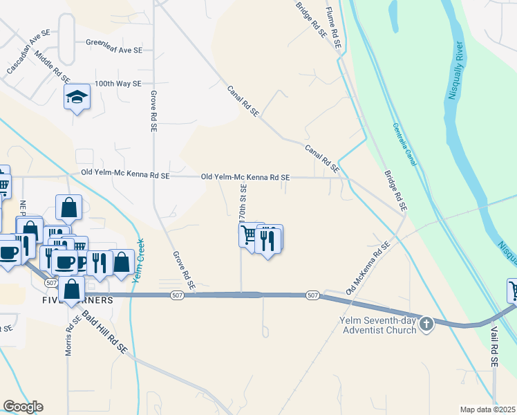 map of restaurants, bars, coffee shops, grocery stores, and more near 17021 170th Street Southeast in Yelm
