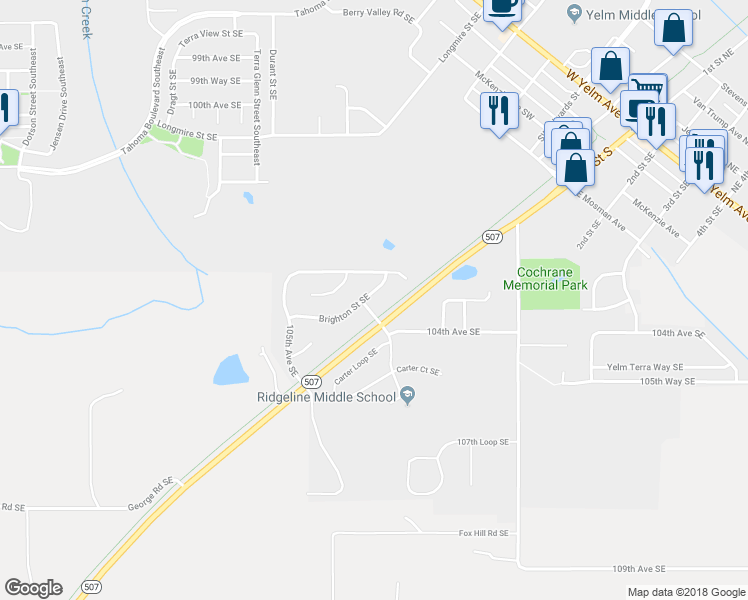 map of restaurants, bars, coffee shops, grocery stores, and more near 10407 Brighton Street Southeast in Yelm