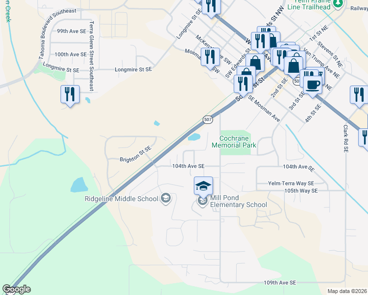 map of restaurants, bars, coffee shops, grocery stores, and more near 15320 104th Avenue Southeast in Yelm