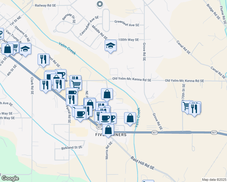 map of restaurants, bars, coffee shops, grocery stores, and more near 10430 Creek Street Southeast in Yelm