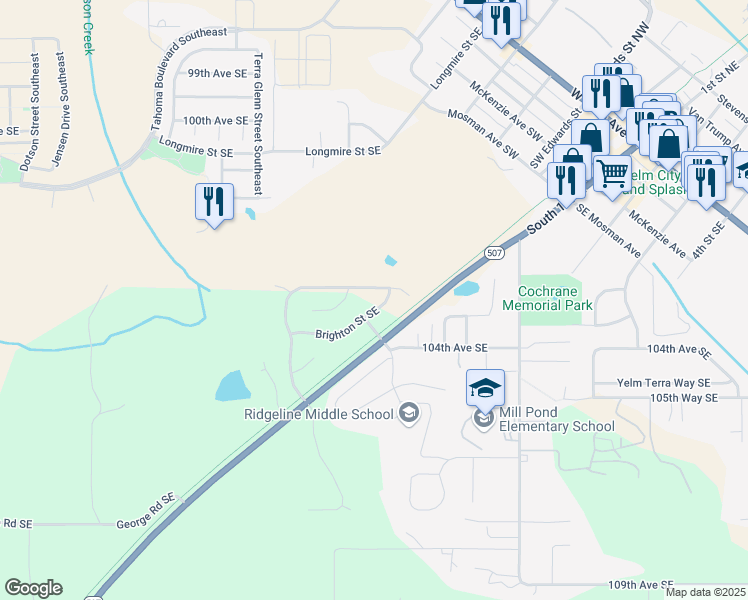 map of restaurants, bars, coffee shops, grocery stores, and more near 10404 Brighton Street Southeast in Yelm