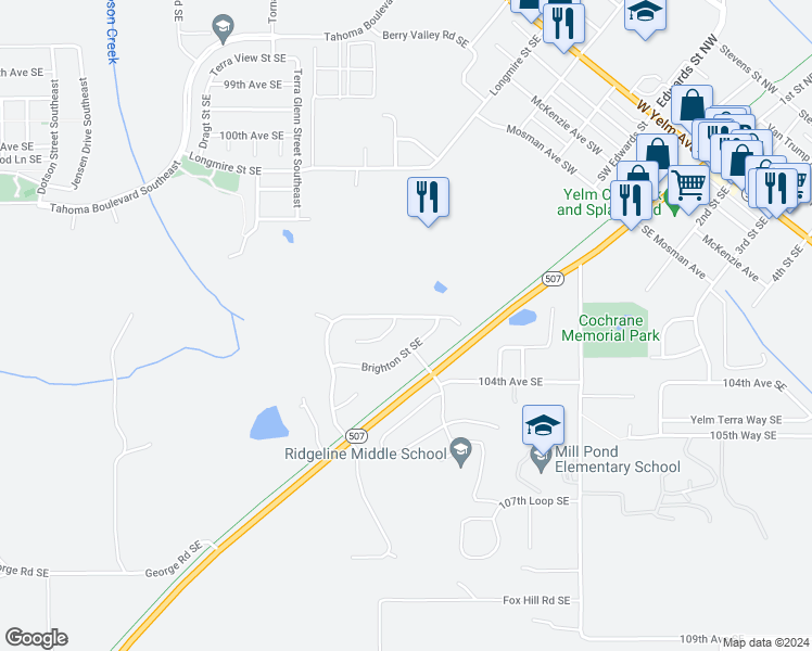 map of restaurants, bars, coffee shops, grocery stores, and more near 15310 105th Avenue Southeast in Yelm