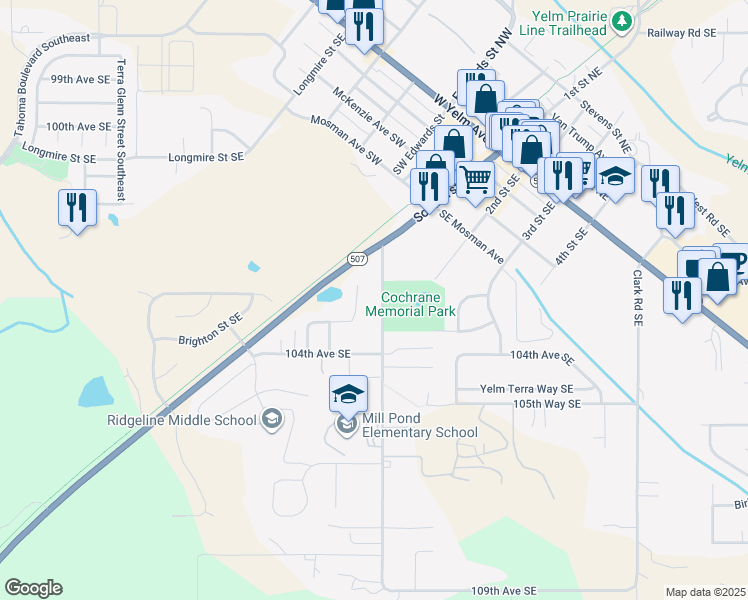map of restaurants, bars, coffee shops, grocery stores, and more near 249 Mill Road Southeast in Yelm