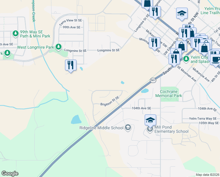 map of restaurants, bars, coffee shops, grocery stores, and more near 15301 105th Avenue Southeast in Yelm