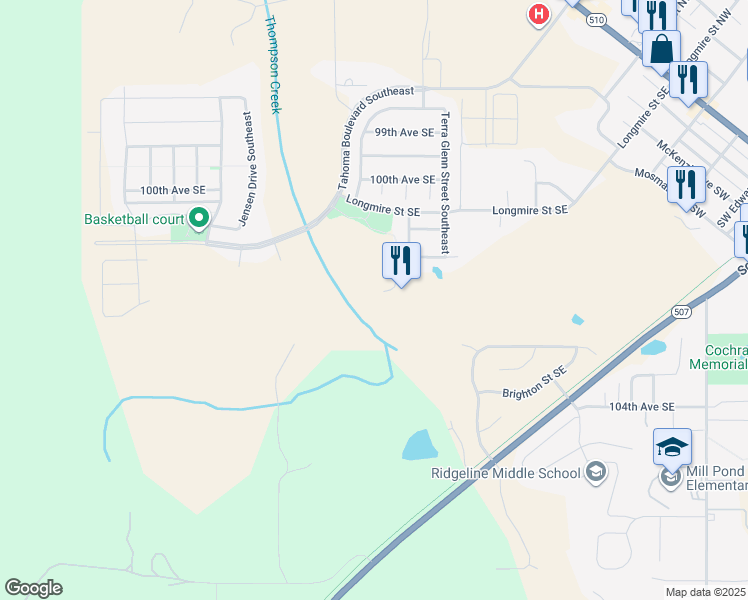 map of restaurants, bars, coffee shops, grocery stores, and more near 10175 Terra Valley Street Southeast in Yelm