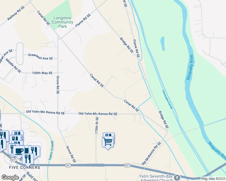 map of restaurants, bars, coffee shops, grocery stores, and more near 17140 Canal Road Southeast in Yelm