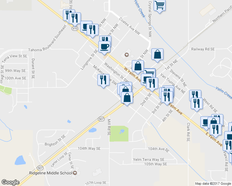 map of restaurants, bars, coffee shops, grocery stores, and more near 308 Southwest Edwards Street in Yelm
