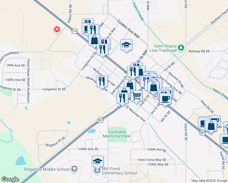 map of restaurants, bars, coffee shops, grocery stores, and more near 308 Southwest Edwards Street in Yelm