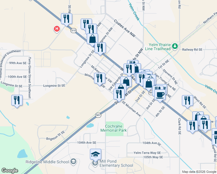 map of restaurants, bars, coffee shops, grocery stores, and more near 308 Southwest Edwards Street in Yelm