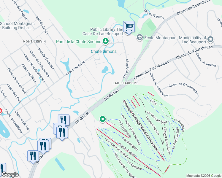 map of restaurants, bars, coffee shops, grocery stores, and more near 1071 Boulevard du Lac in Capitale-Nationale