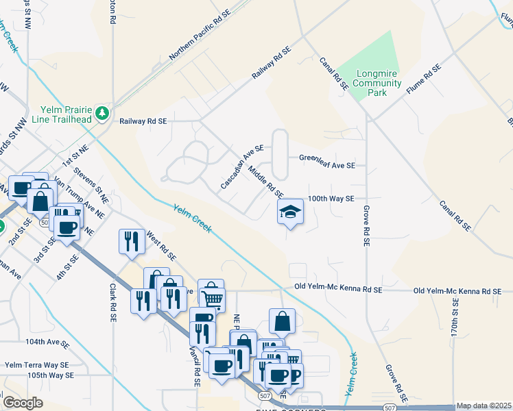 map of restaurants, bars, coffee shops, grocery stores, and more near 10024 Cochrane Avenue Southeast in Yelm