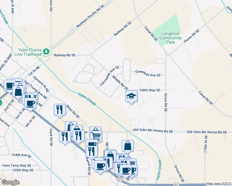 map of restaurants, bars, coffee shops, grocery stores, and more near 10024 Cochrane Avenue Southeast in Yelm