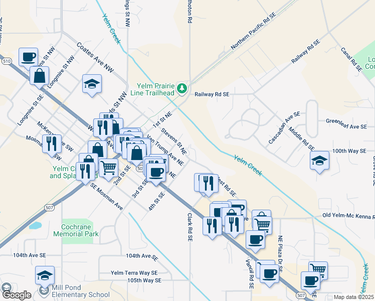 map of restaurants, bars, coffee shops, grocery stores, and more near 306 Stevens Avenue Southeast in Yelm