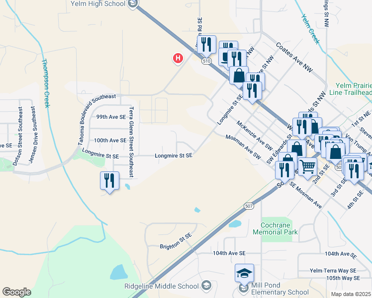 map of restaurants, bars, coffee shops, grocery stores, and more near 15221 100th Avenue Southeast in Yelm