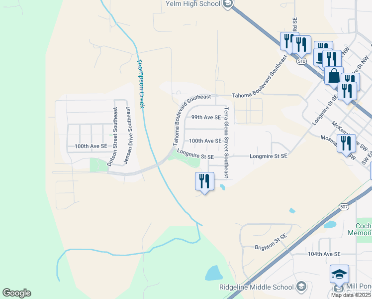 map of restaurants, bars, coffee shops, grocery stores, and more near 10020 Dragt Street Southeast in Yelm