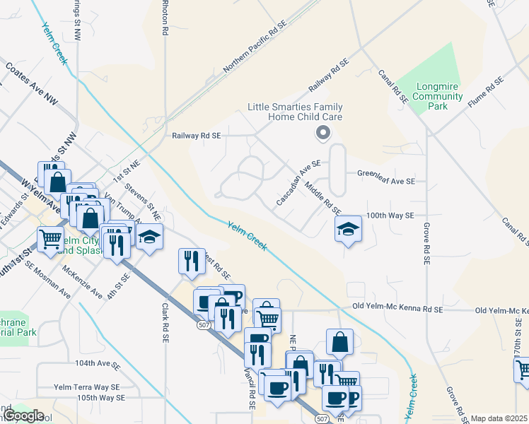 map of restaurants, bars, coffee shops, grocery stores, and more near 16319 Greenbrier Street Southeast in Yelm