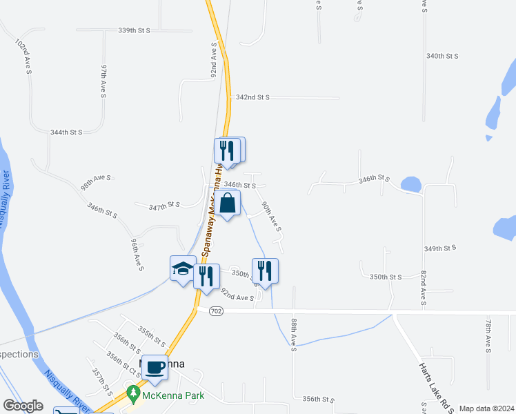 map of restaurants, bars, coffee shops, grocery stores, and more near 9010 347th Street South in Roy