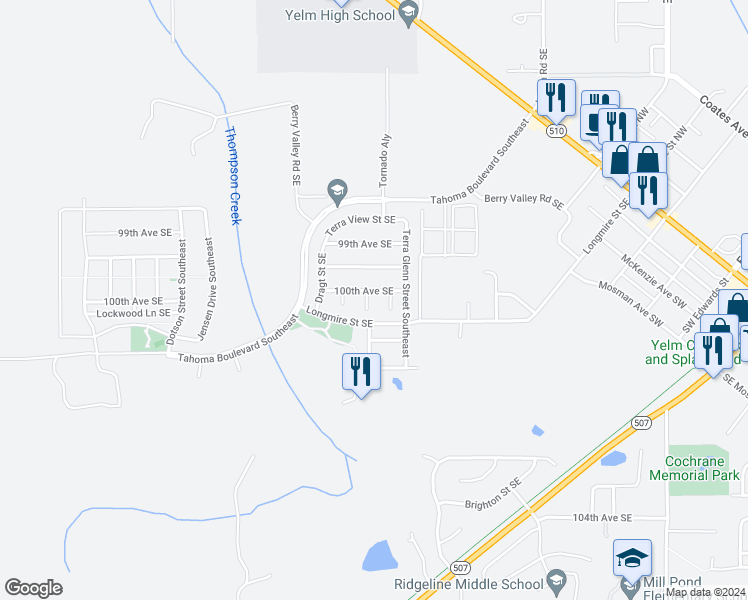 map of restaurants, bars, coffee shops, grocery stores, and more near 10012 Cole Court Southeast in Yelm
