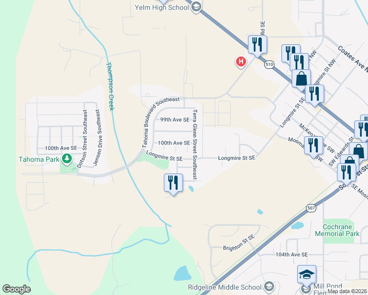 map of restaurants, bars, coffee shops, grocery stores, and more near 10020 Terra Court Southeast in Yelm