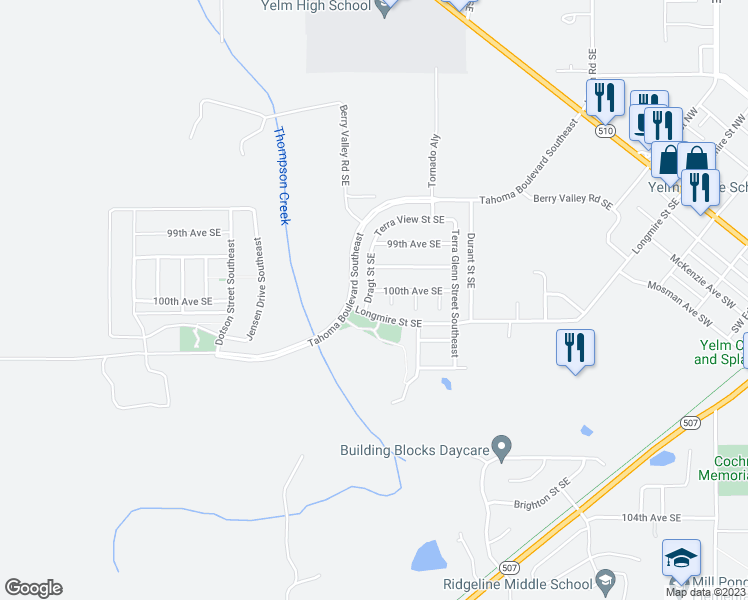 map of restaurants, bars, coffee shops, grocery stores, and more near 10008 Dragt Street Southeast in Yelm