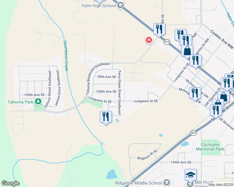 map of restaurants, bars, coffee shops, grocery stores, and more near 10020 Terra Court Southeast in Yelm