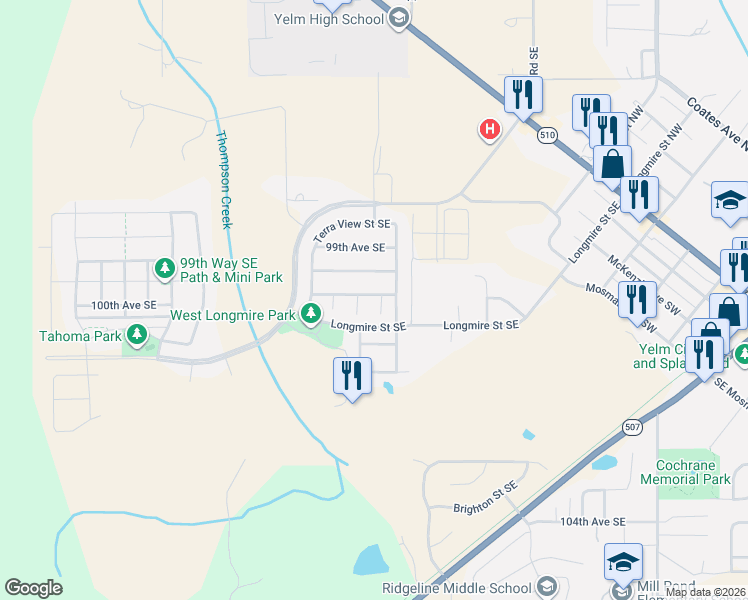 map of restaurants, bars, coffee shops, grocery stores, and more near 10013 Terra Court Southeast in Yelm