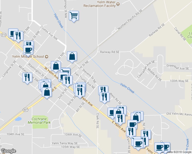 map of restaurants, bars, coffee shops, grocery stores, and more near 306 Stevens Avenue Southeast in Yelm