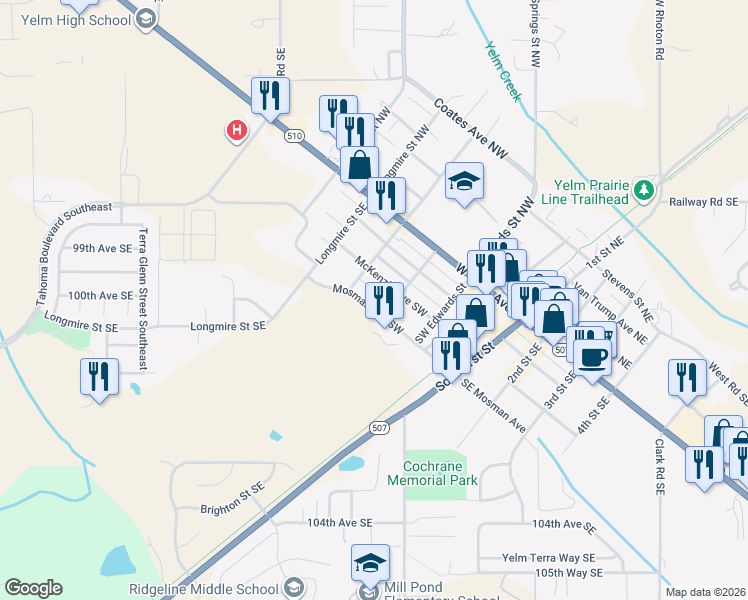 map of restaurants, bars, coffee shops, grocery stores, and more near 408 Mosman Avenue Southwest in Yelm