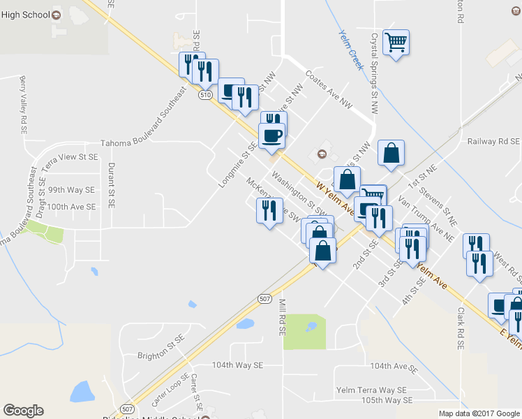 map of restaurants, bars, coffee shops, grocery stores, and more near 408 Mosman Avenue Southwest in Yelm