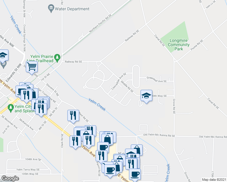map of restaurants, bars, coffee shops, grocery stores, and more near 10006 Cascadian Avenue Southeast in Yelm