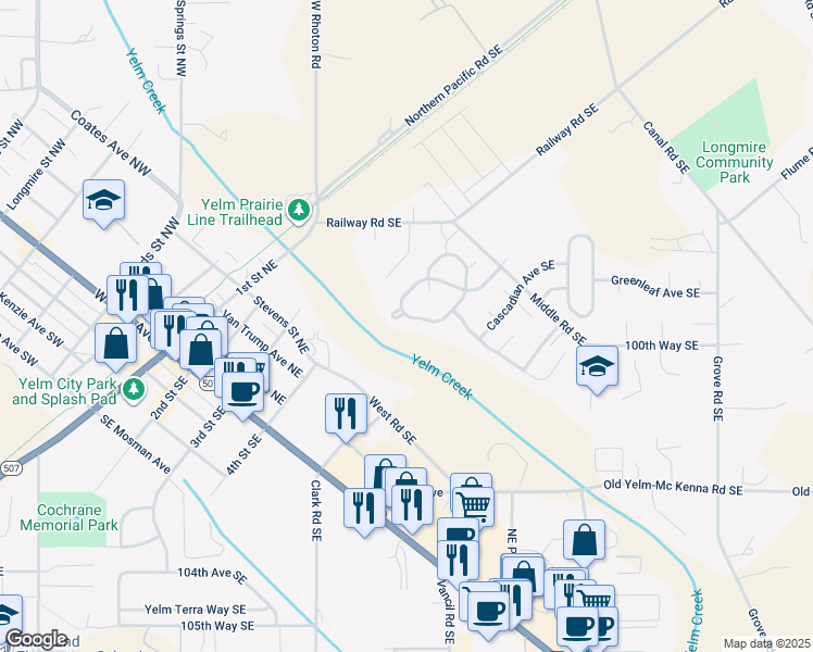 map of restaurants, bars, coffee shops, grocery stores, and more near 16126 Prairie Creek Loop Southeast in Yelm