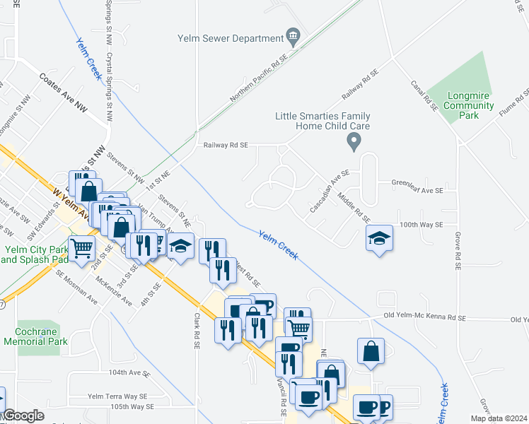 map of restaurants, bars, coffee shops, grocery stores, and more near 16126 Prairie Creek Loop Southeast in Yelm