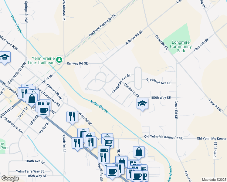 map of restaurants, bars, coffee shops, grocery stores, and more near 10006 Cascadian Avenue Southeast in Yelm