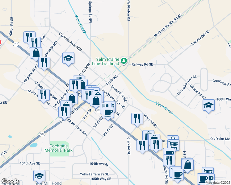 map of restaurants, bars, coffee shops, grocery stores, and more near 303 3rd Street Southeast in Yelm